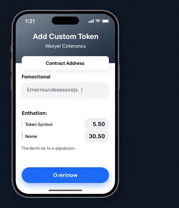 VEXA Wallet app interface demonstrating how to add custom ERC-20 tokens via contract address